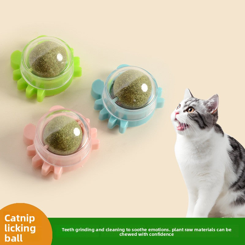 Cat licking a wall mounted rotatable catnip ball cat toy