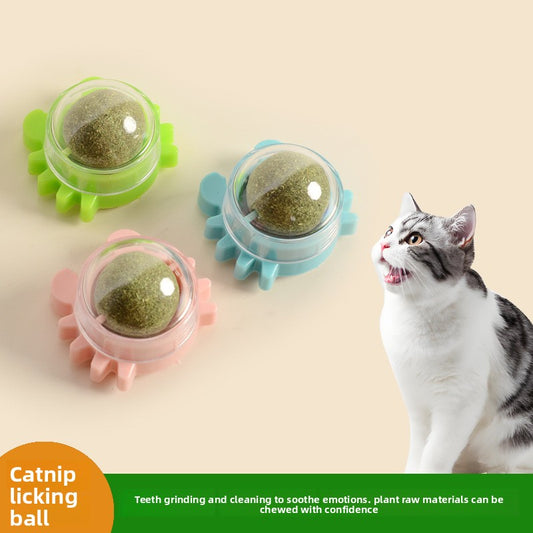 Cat licking a wall mounted rotatable catnip ball cat toy