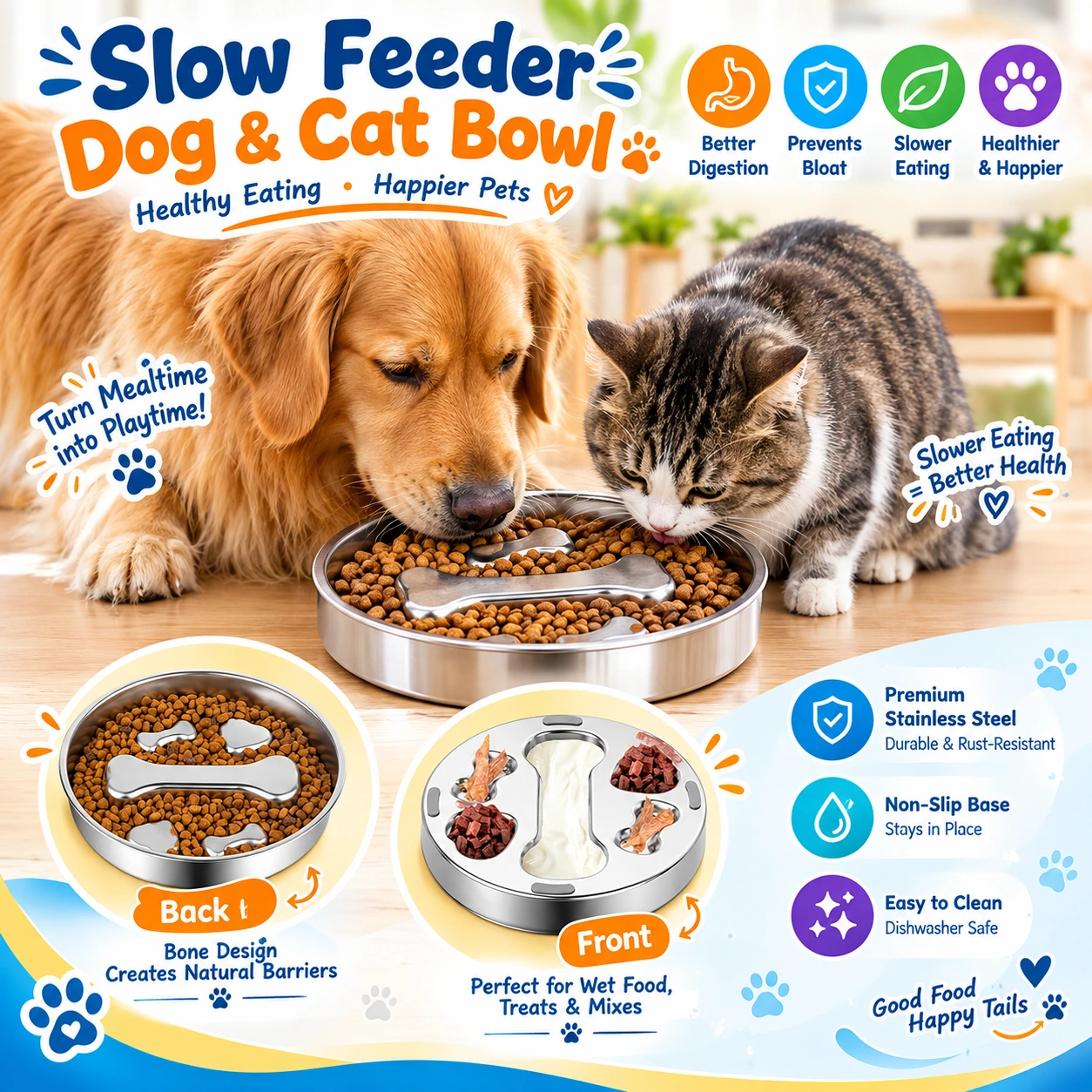 Large Stainless Steel Slow Feeder Dog Bowl