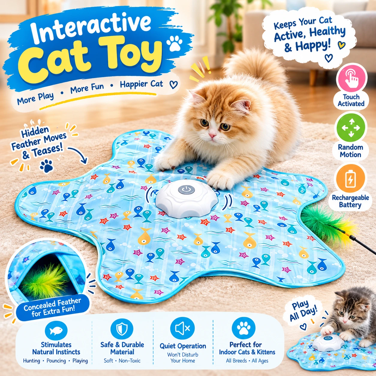 Rechargeable interactive cat toy with concealed feather for indoor cats